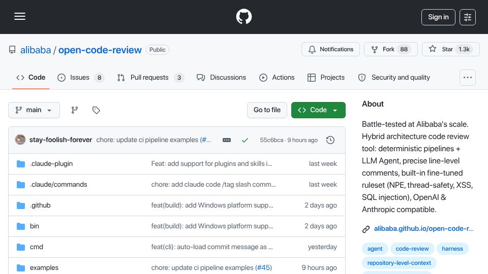 Screenshot of github.com: Open Code Review – An AI-powered code review CLI tool