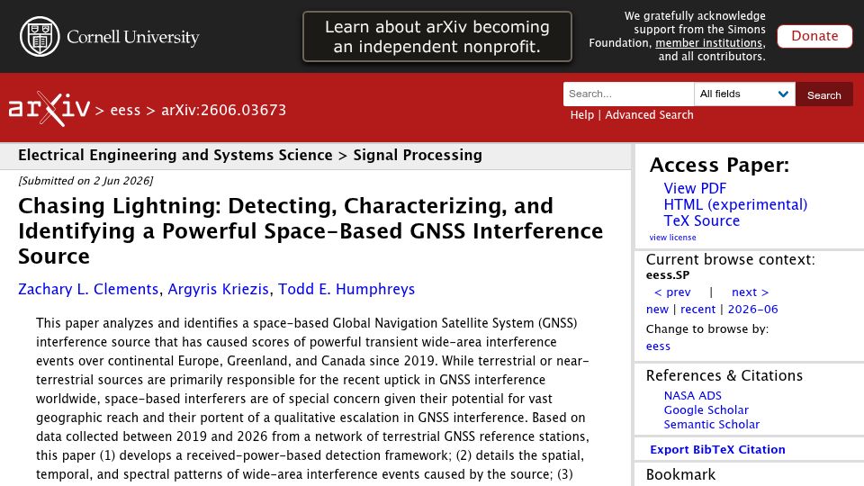 Screenshot of arxiv.org: Tracing a powerful GNSS interference source over Europe