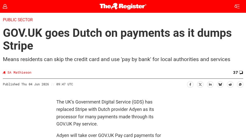 Screenshot of theregister.com: Gov.uk has replaced Stripe with Dutch provider Adyen
