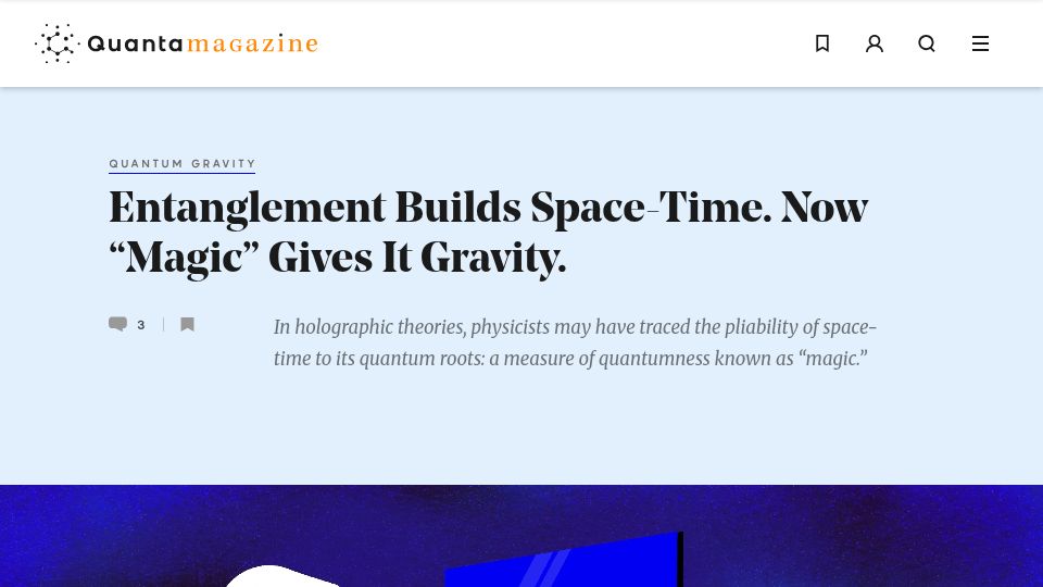 Screenshot of quantamagazine.org: Entanglement Builds Space-Time. Now "Magic" Gives It Gravity