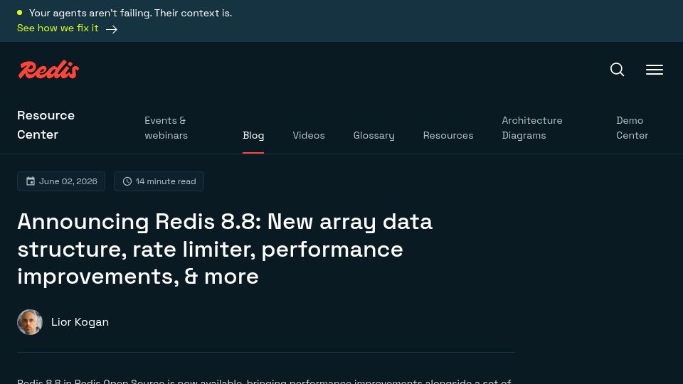 Screenshot of redis.io: Redis 8.8: New array data structure, rate limiter, performance improvements