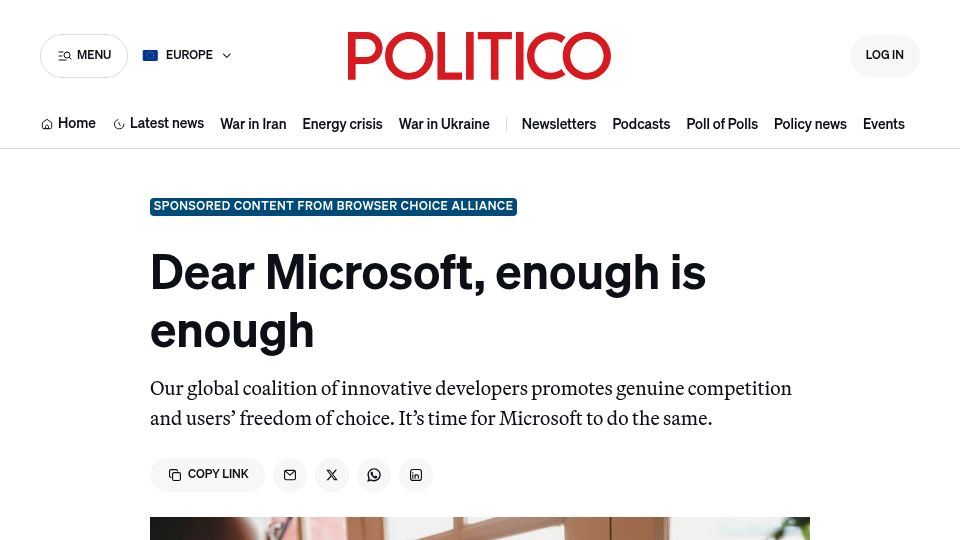 Screenshot of politico.eu: Dear Microsoft, enough is enough