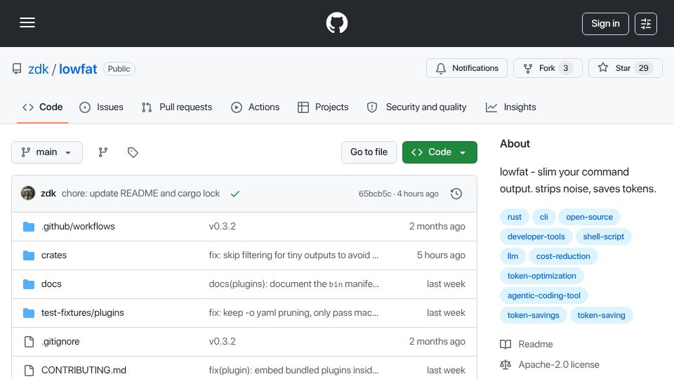 Screenshot of github.com: Show HN: Lowfat – pluggable CLI filter that saved 91.8% of my LLM tokens
