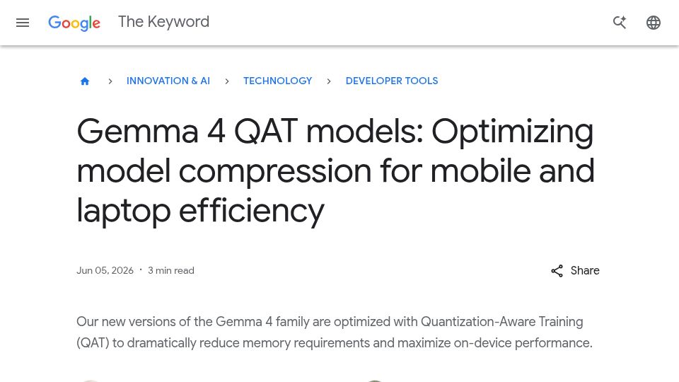 Screenshot of blog.google: Gemma 4 QAT models: Optimizing compression for mobile and laptop efficiency