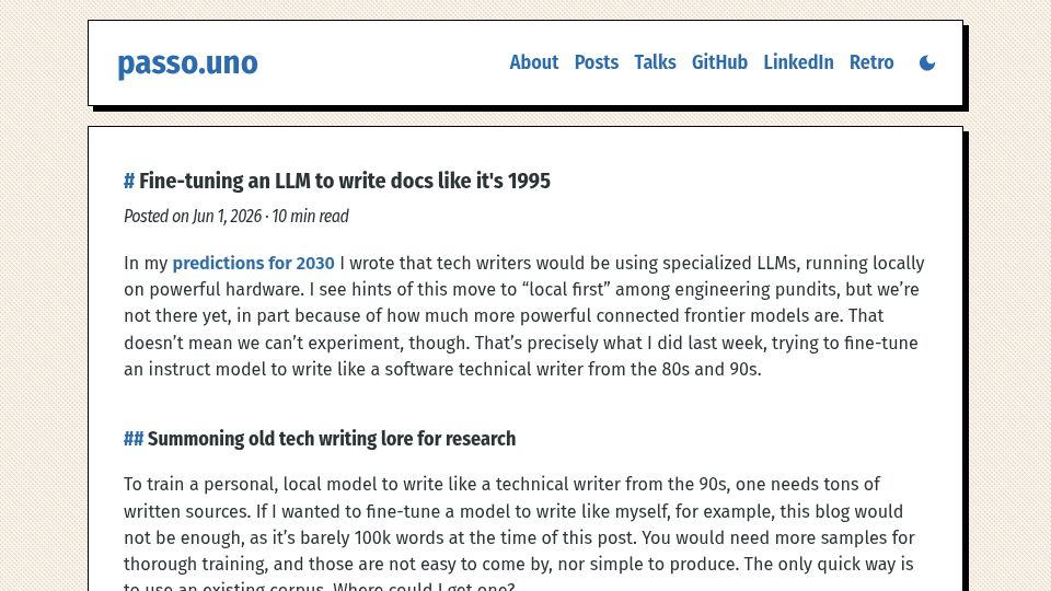 Screenshot of passo.uno: Fine-tuning an LLM to write docs like it's 1995