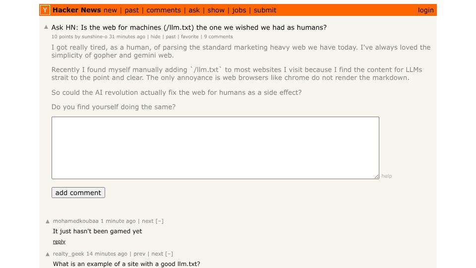 Screenshot of Hacker News post: Ask HN: Is the web for machines (/llm.txt) the one we wished we had as humans?