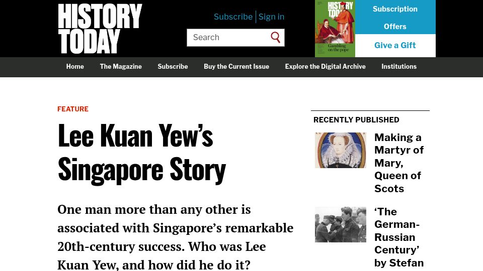 Screenshot of historytoday.com: Lee Kuan Yew's Singapore Story (2023)