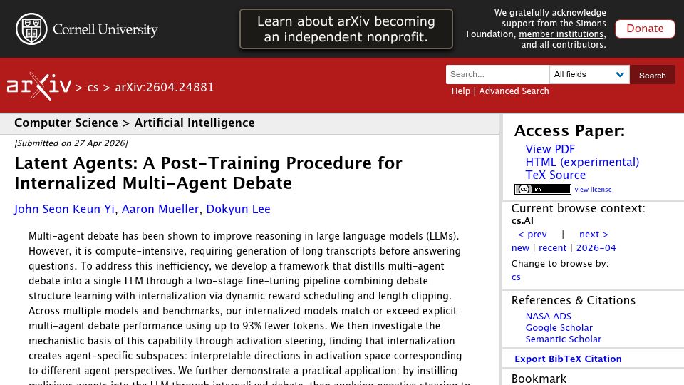 Screenshot of arxiv.org: Latent Agents: A Post-Training Procedure for Internalized Multi-Agent Debate