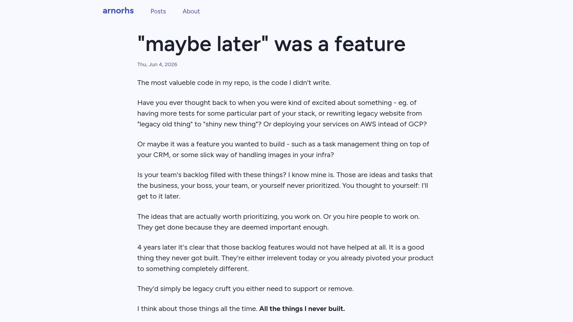 Screenshot of arnorhs.dev: "Maybe later" was a feature