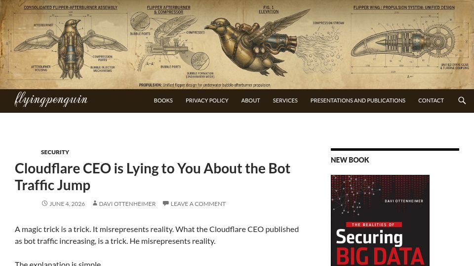 Screenshot of flyingpenguin.com: Cloudflare CEO Is Lying to You About the Bot Traffic Jump