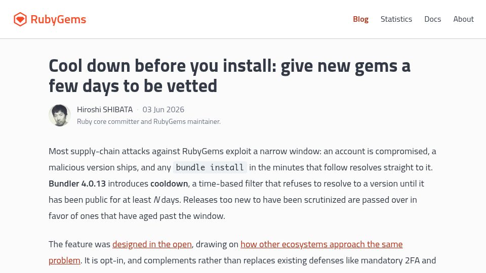Screenshot of blog.rubygems.org: Cooldown Support for Ruby Bundler