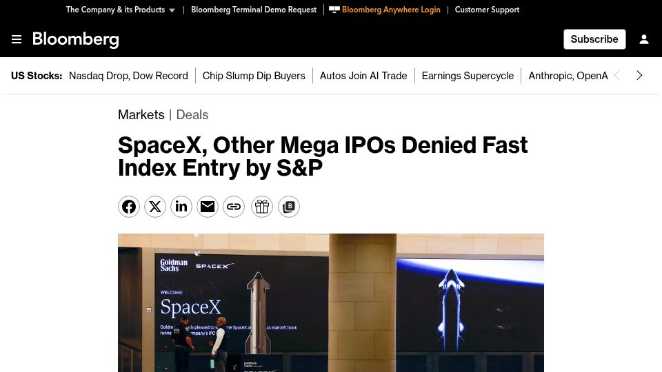 Screenshot of bloomberg.com: SpaceX, Other Mega IPOs Denied Fast Index Entry by S&P