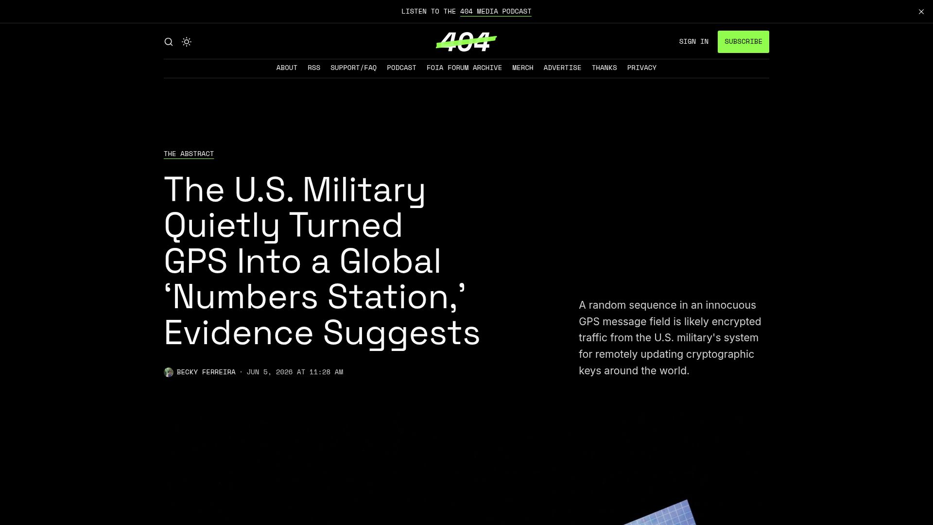 Screenshot of 404media.co: U.S. Military Turned GPS into a Global "Numbers Station"