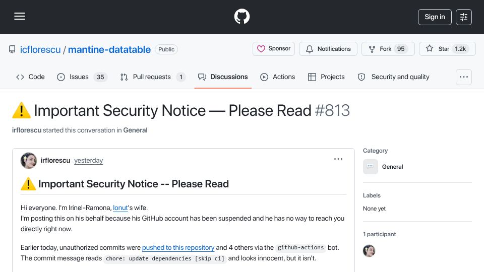 Screenshot of github.com: Mantine-datatable (and others) compromised – owner account suspended
