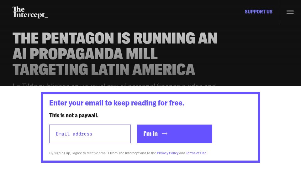 Screenshot of theintercept.com: The Pentagon is running an AI propaganda mill targeting Latin America