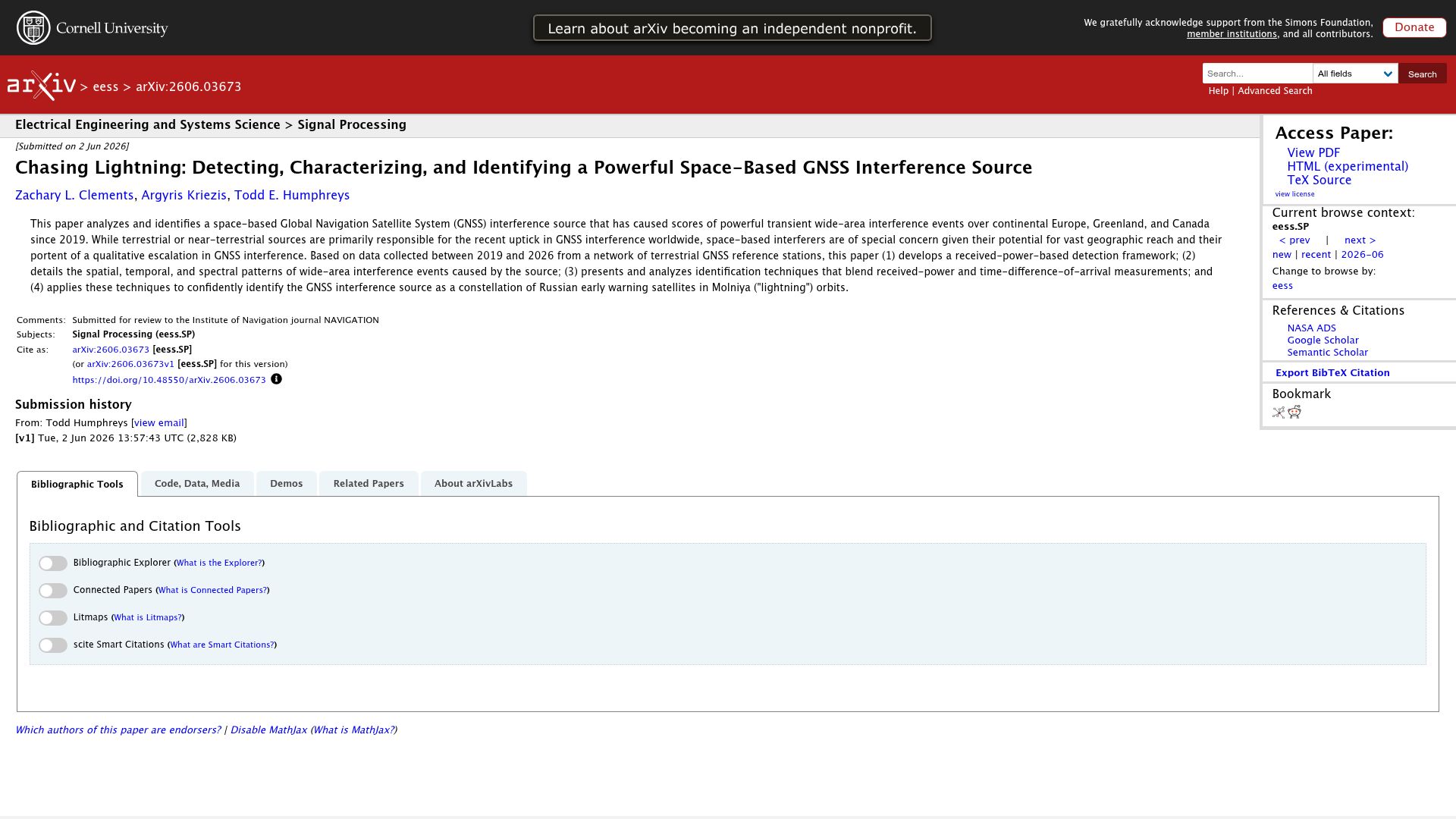 Screenshot of arxiv.org: Tracing a powerful GNSS interference source over Europe