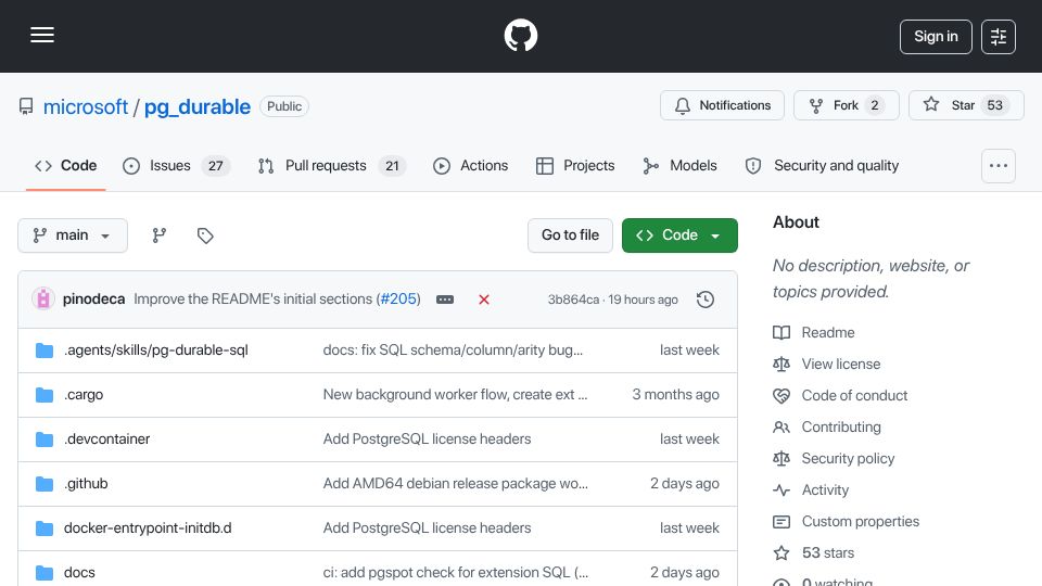 Screenshot of github.com: pg_durable: Microsoft open sources in-database durable execution