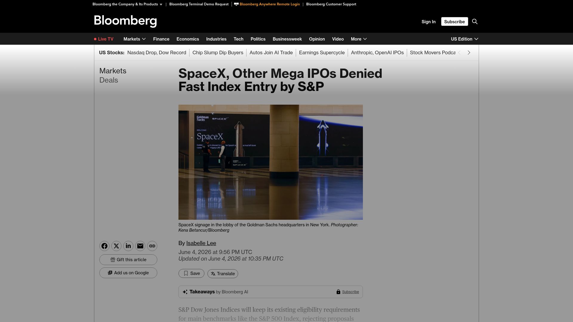Screenshot of bloomberg.com: SpaceX, Other Mega IPOs Denied Fast Index Entry by S&P