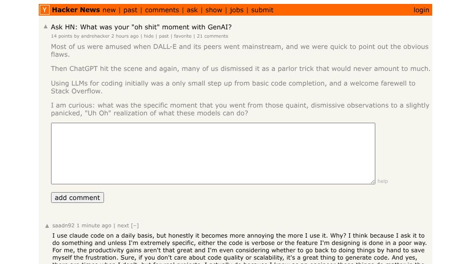 Screenshot of Hacker News post: Ask HN: What was your "oh shit" moment with GenAI?
