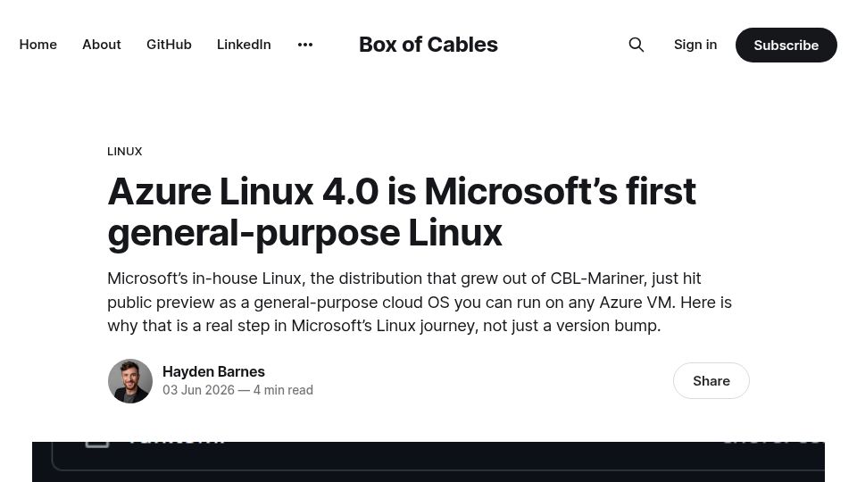 Screenshot of boxofcables.dev: Azure Linux 4.0 is Microsoft's first general-purpose Linux