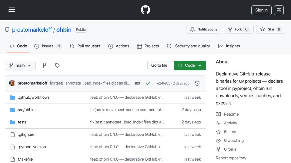 Screenshot of github.com: Ohbin – uv wrapper for installing tools from GitHub