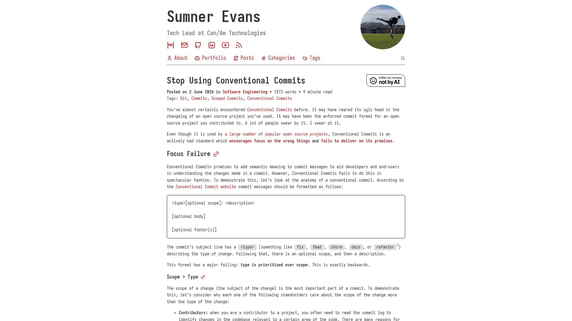 Screenshot of sumnerevans.com: Conventional Commits encourages focus on the wrong things