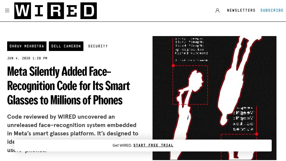 Screenshot of wired.com: Meta Silently Added Face-Recognition for Its Smart Glasses to Phones