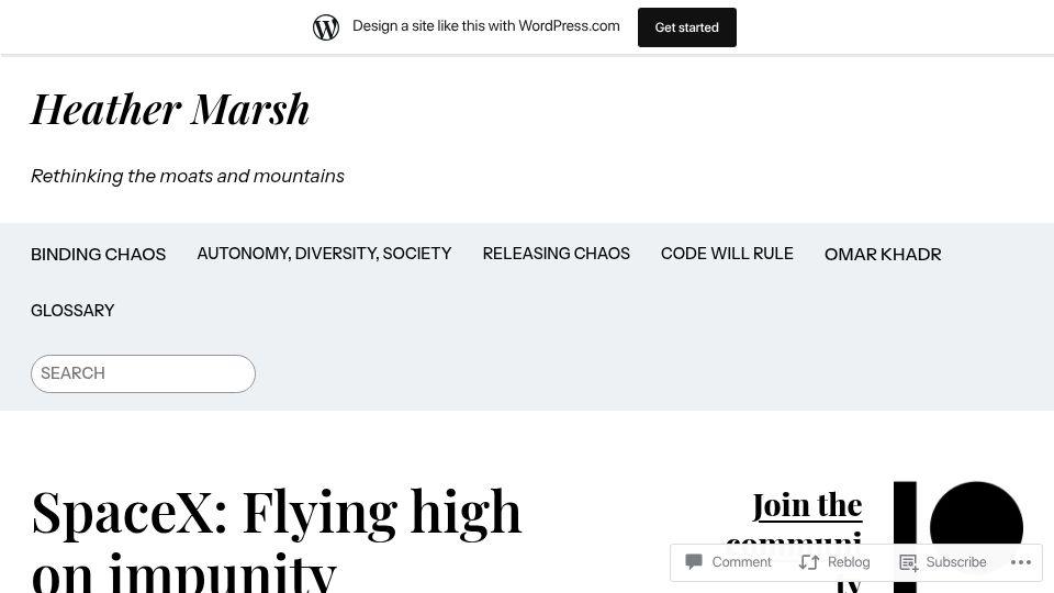 Screenshot of georgiebc.wordpress.com: SpaceX: Flying High on Impunity