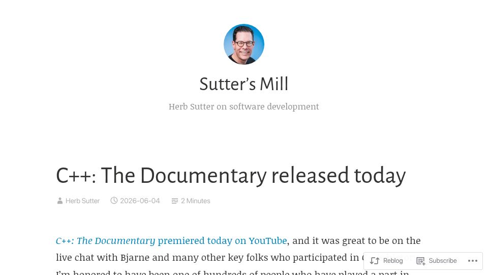 Screenshot of herbsutter.com: C++: The Documentary