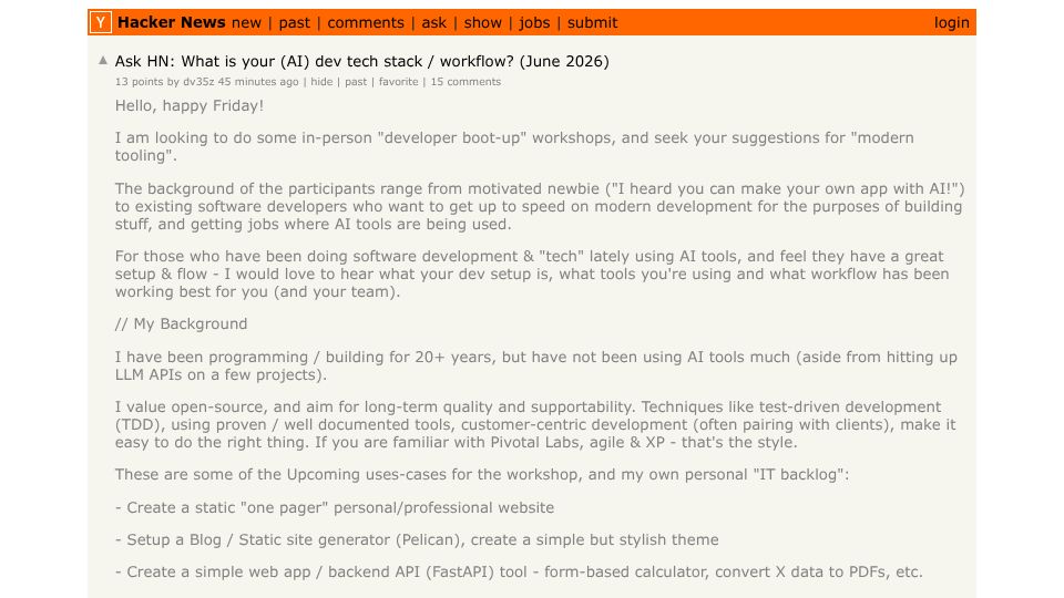Screenshot of Hacker News post: Ask HN: What is your (AI) dev tech stack / workflow?