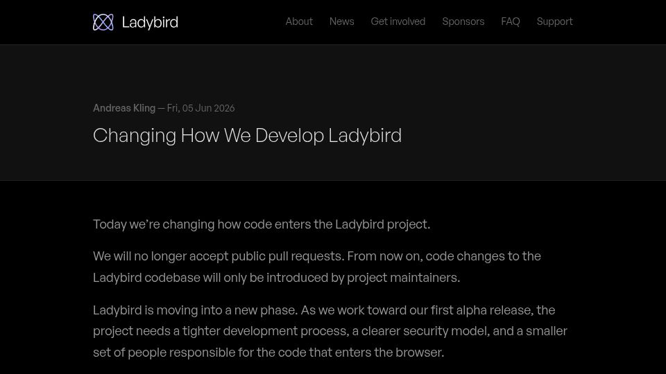 Screenshot of ladybird.org: Changing how we develop Ladybird