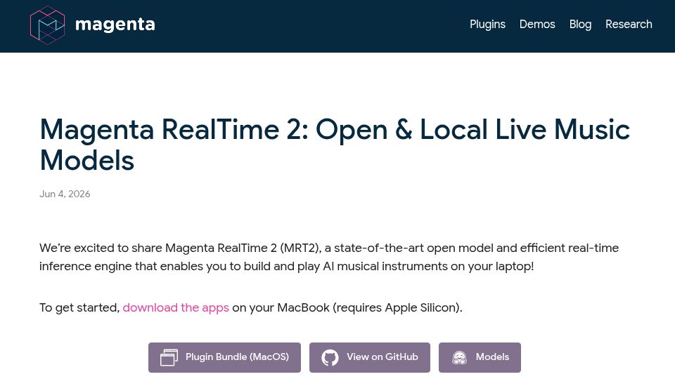 Screenshot of magenta.withgoogle.com: Magenta RealTime 2: Open and Local Live Music Models