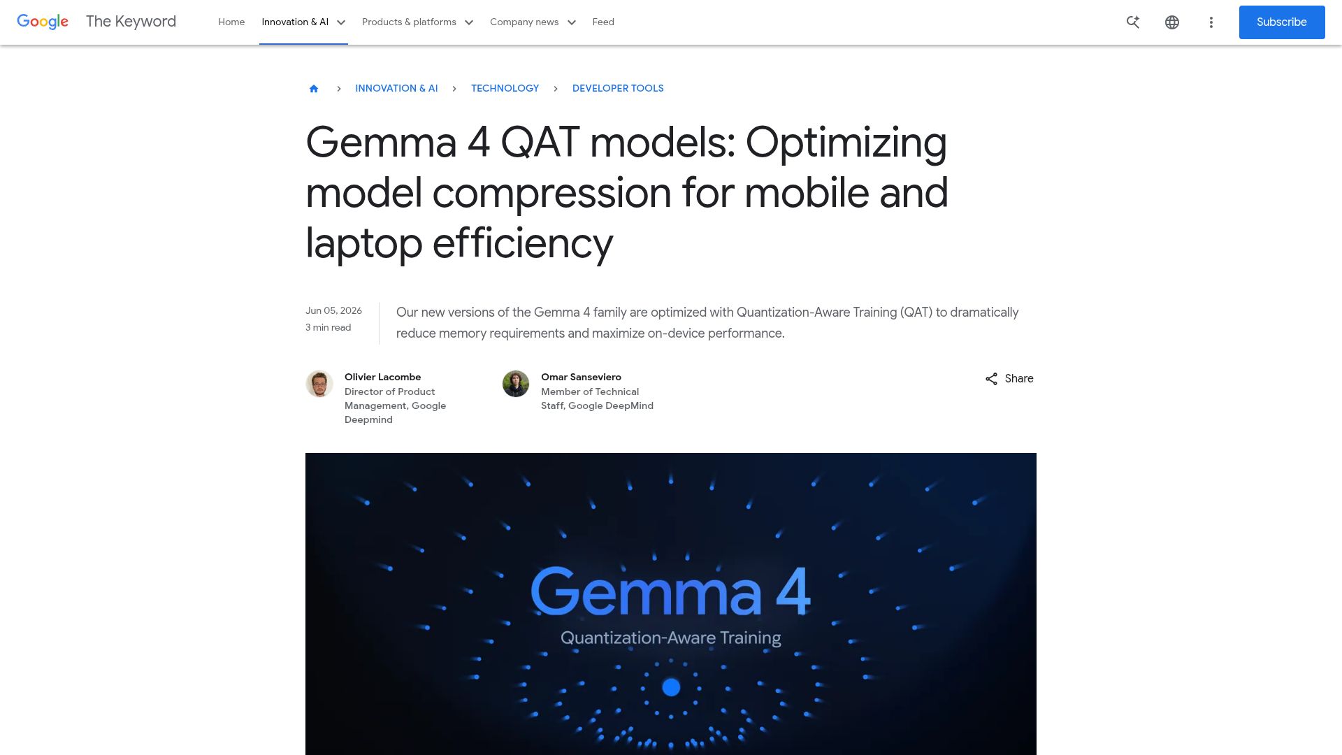Screenshot of blog.google: Gemma 4 QAT models: Optimizing compression for mobile and laptop efficiency