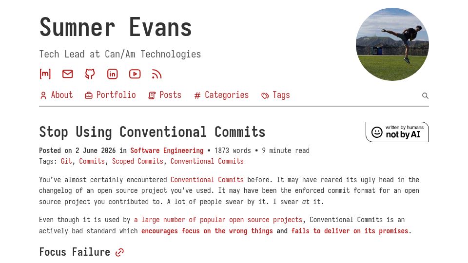 Screenshot of sumnerevans.com: Conventional Commits encourages focus on the wrong things