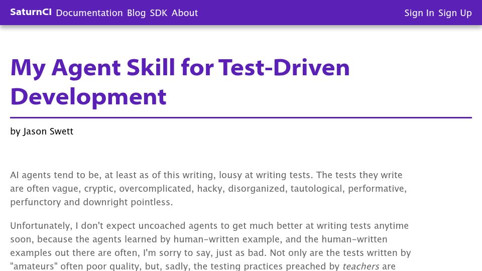 Screenshot of saturnci.com: My Agent Skill for Test-Driven Development