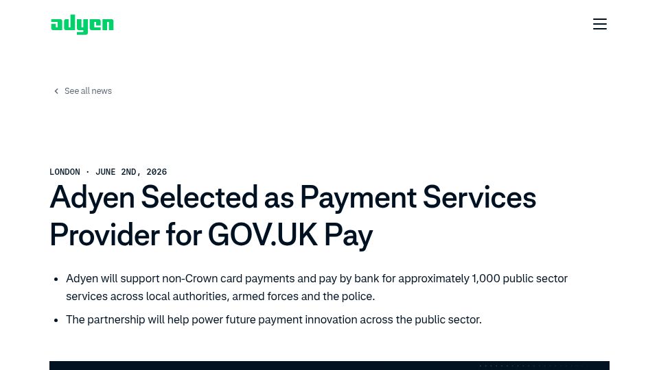 Screenshot of adyen.com: Adyen Selected as Payment Services Provider for GOV.UK Pay