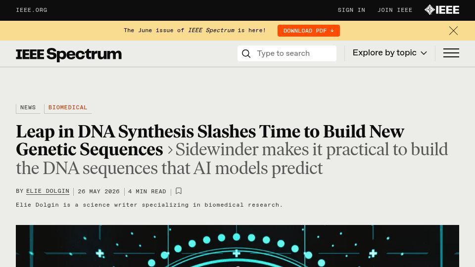 Screenshot of spectrum.ieee.org: Leap in DNA synthesis slashes time to build new genetic sequences