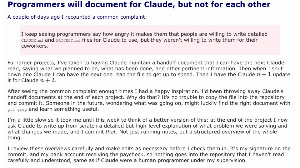 Screenshot of blog.plover.com: Programmers will document for Claude, but not for each other