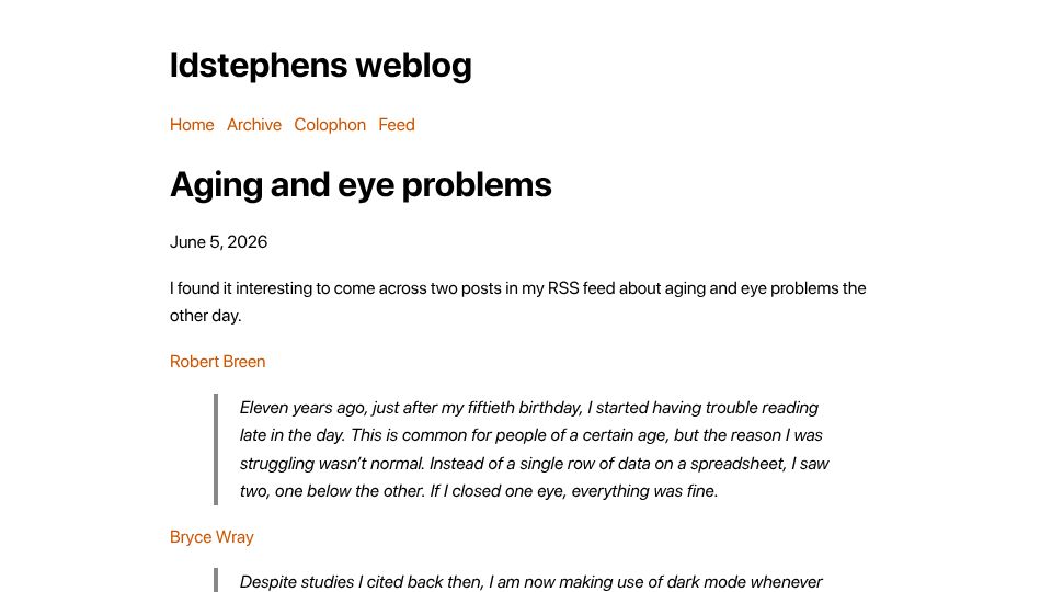 Screenshot of ldstephens.net: Aging and Eye Problems
