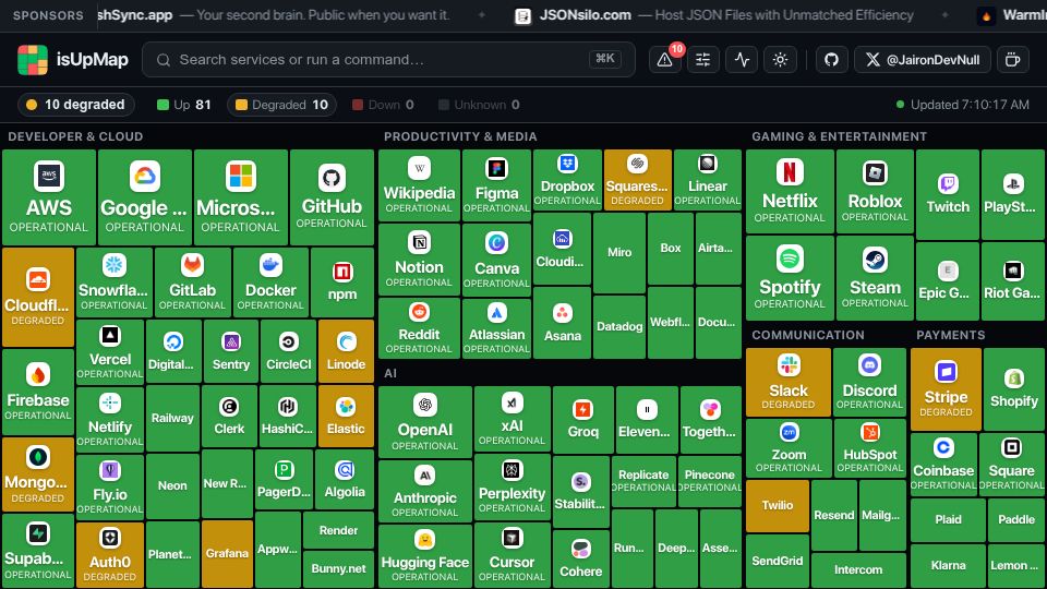 Screenshot of isupmap.com: The IsUpMap lets you check the status of over 100 major sites at once