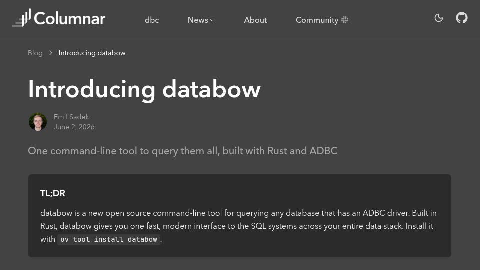 Screenshot of columnar.tech: databow: a Rust CLI to query any database with an ADBC driver