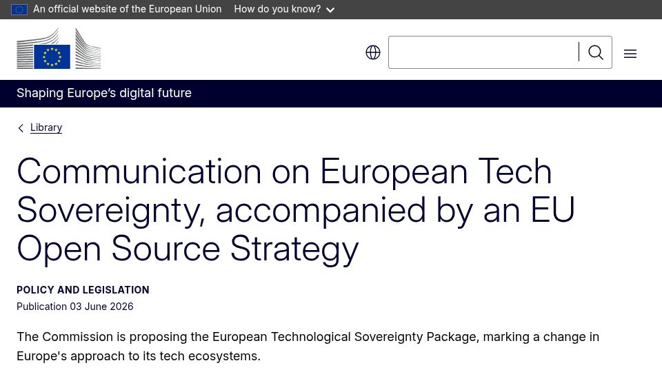Screenshot of digital-strategy.ec.europa.eu: Communication on European Tech Sovereignty, and an EU Open-Source Strategy