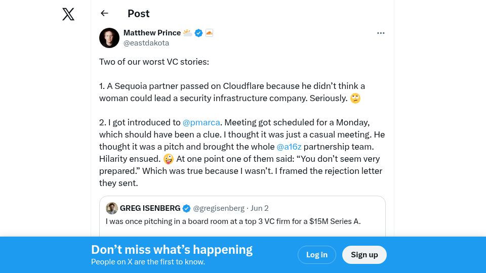 Screenshot of twitter.com: Three of our worst VC stories