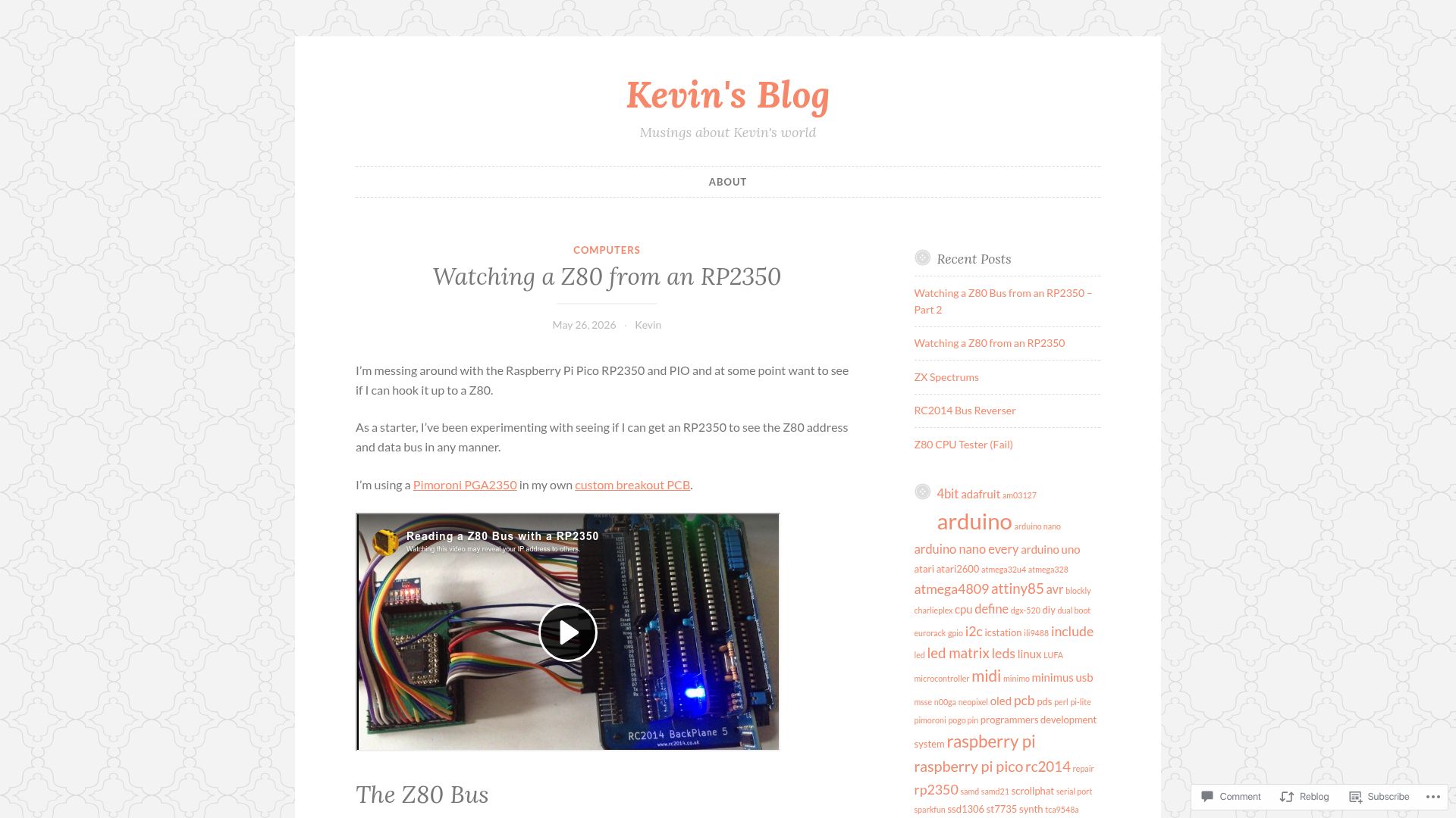 Screenshot of emalliab.wordpress.com: Watching a Z80 from an RP2350