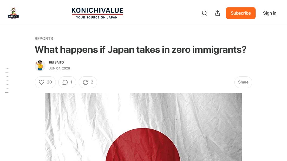 Screenshot of konichivalue.com: What happens if Japan takes in zero immigrants?