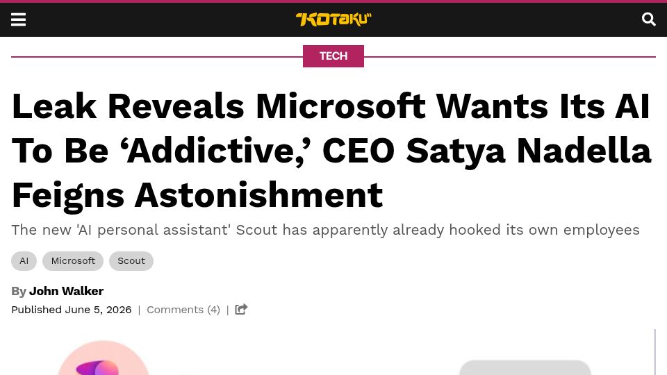 Screenshot of kotaku.com: Leak Reveals Microsoft Wants Its AI to Be 'Addictive'