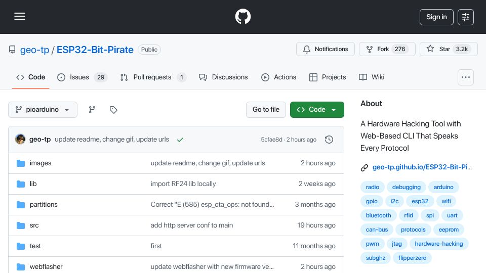 Screenshot of github.com: ESP32 Bit Pirate, a Hardware Hacking Tool with WebCLI That Speaks Every Protocol