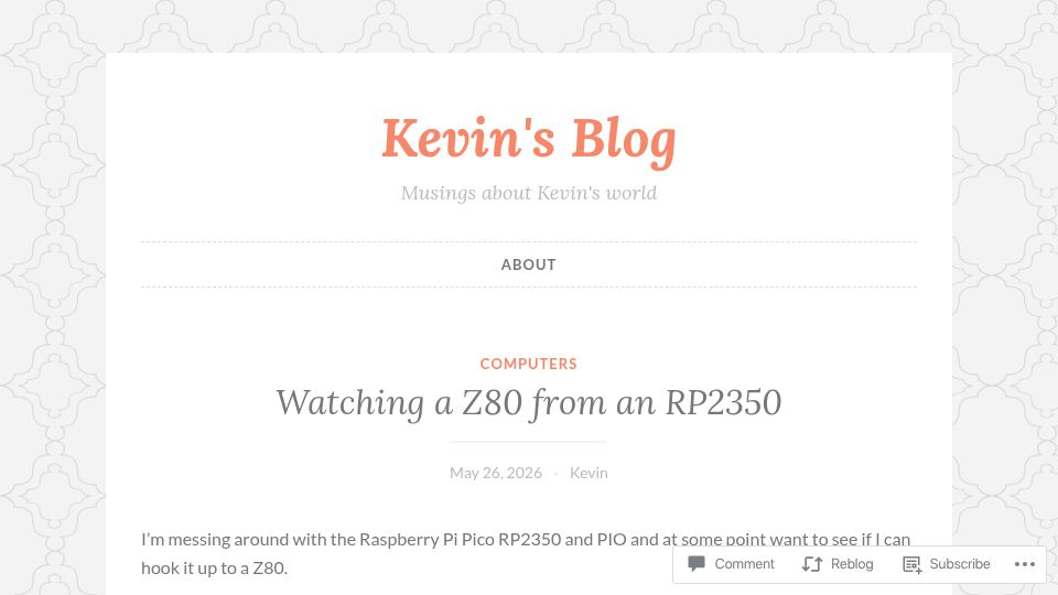 Screenshot of emalliab.wordpress.com: Watching a Z80 from an RP2350
