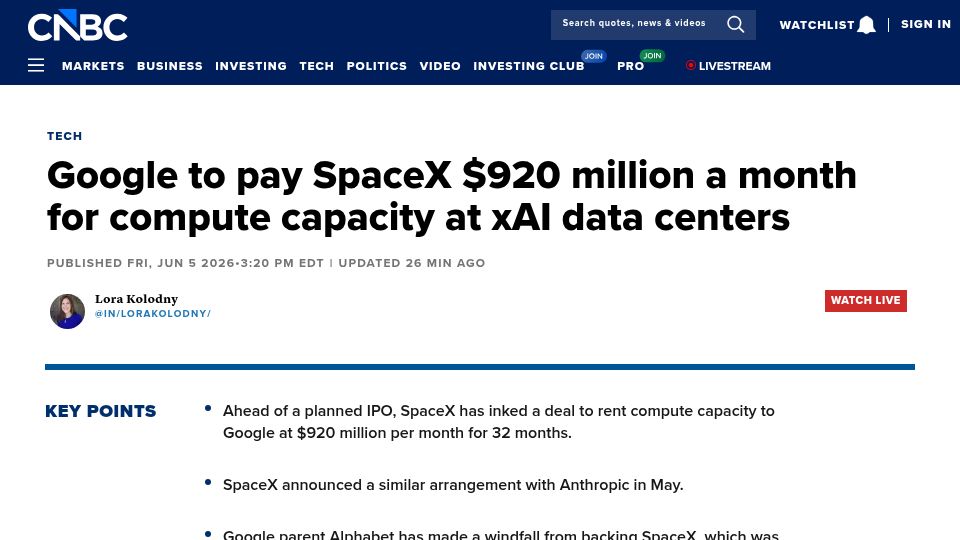 Screenshot of cnbc.com: Google to pay SpaceX $920M a month for compute capacity at xAI data centers