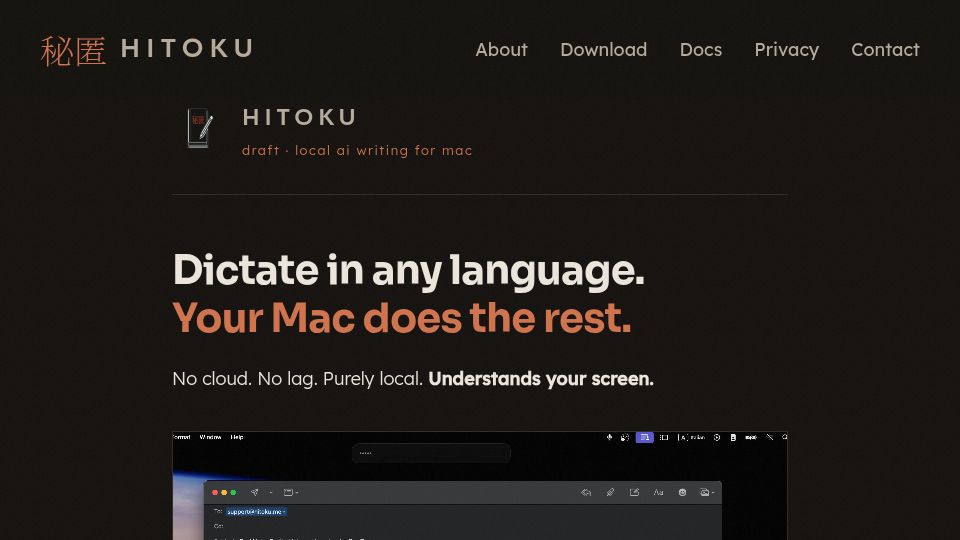 Screenshot of hitoku.me: Show HN: Hitoku Draft – Context aware local assistant